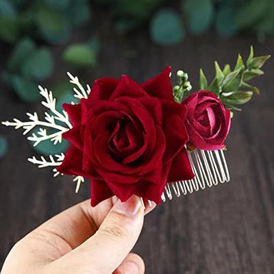 Bememo 2 Pack Rose Flower Hair Clip Women Rose Flower Hair Accessories Wedding Hair Clip Flamenco Dancer (Red)