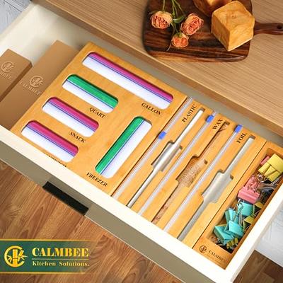 Foil and Plastic Wrap Organizer - 2 in 1 Wooden Plastic Wrap Dispenser with  Cutter - Aluminum Foil Organization and Storage -Parchment - Wax Paper
