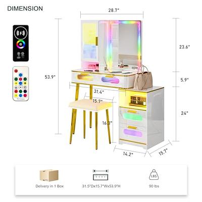 HNEBC Vanity Desk with Plip-up Mirror and Light, Makeup Vanity Table with  Charging Station, White Small Vanity Set has Auto-Sensor/Stool/2