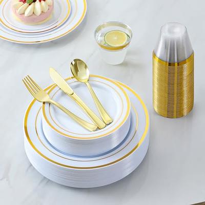 150 Pieces Gold Disposable Plates for 25 Guests, Plastic Party, Wedding,  Dinnerware Set of Dinner Plates, Salad Spoons, Forks, Knives, Cups