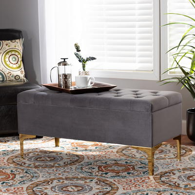 Inspired Home Emmaline Light Grey Velvet Storage Bench Button Tufted Nailhead Trim