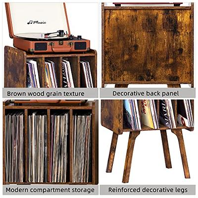 LELELINKY Record Player Stand,Vinyl Record Storage Table with 4 Cabinet Up  to 100 Albums,Mid-Century Turntable Stand with Wood Legs,Brown Vinyl Holder