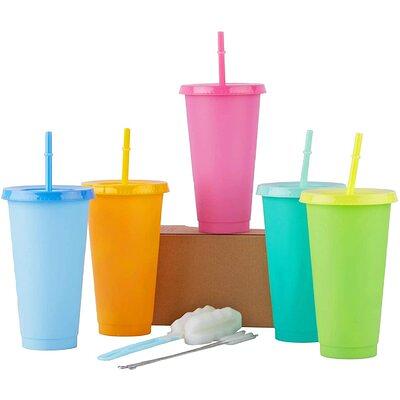 24oz Set of 5 Colorful Reusable Cold Cups With Lids and 