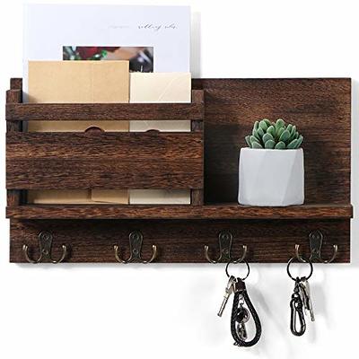 Rustic Key Holder for Wall, Farmhouse Wall Shelf with 4 Hooks, Wall Mounted  Key Racks, Wooden Mail Organizer with Hooks for Entryway (Brown)