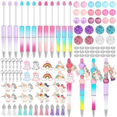 12 Pcs Plastic Beadable Pens with 50 Pcs Colorful Beads 12 Tassels 12  Pendants Assorted Colors Bead Pens for DIY Making Kit for Pens Beaded Pens  for
