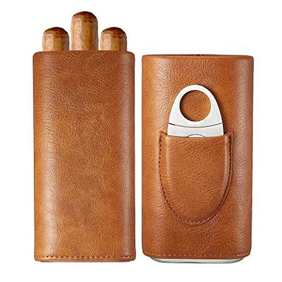 Oyydecor Cigar Case Cigar 3- Finger Carrying Case Set Cedar Wood Lined  Leather, Cigar Humidor with Silver Stainless Steel Cutter (Brown)