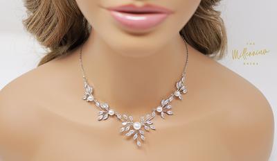 Swarovski Crystal Pink Floral Vine Necklace Set , Long Bridal Jewelry, Bridal Earrings and Necklace, Statement Earrings CZ Necklace Set.