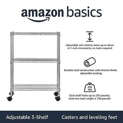 Basics 3-Shelf Shelving Storage Unit on 3 Wheel Casters, Metal