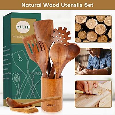 Silicone Kitchen Utensils Set (6 pcs): Natural Wood Cooking Tools, Non  Scratch