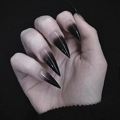 Dark Black Glitter Powder Long Almond Acrylic Nails Stiletto Black