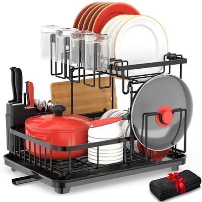 Red Dish Drying Rack Drainboard Set, 2 Tier Stainless Steel Dish