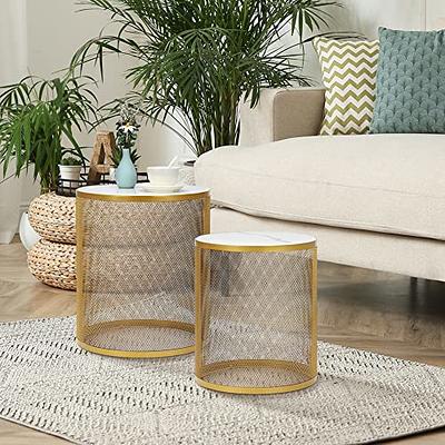 AOJEZOR Bed Side Table Ideal for Any Room, Living Room, Bedroom,Metal  Structure Small Round Side Table Great for Small Spaces,White Tray with 3  Gold