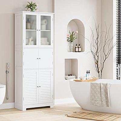 64” Bathroom Floor Storage Cabinet Large Freestanding Linen Tower Kitchen  Pantry Storage Cabinets with 2 Doors & Open Compartments for Kitchen Living