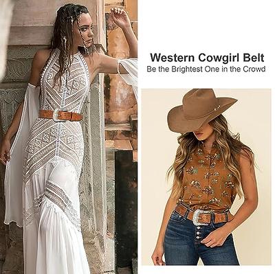 XuoAz Western Cowboy Belt for Men Women - Floral Engraved PU