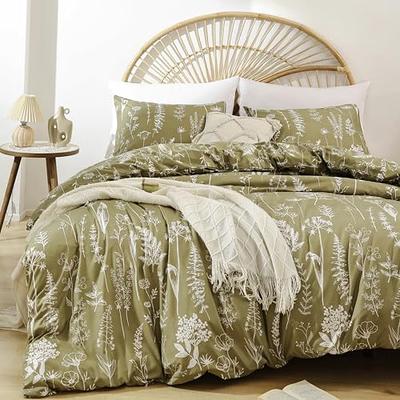 JANZAA Queen Olive Green ,3 PCS Bedding Floral Plant Flowers