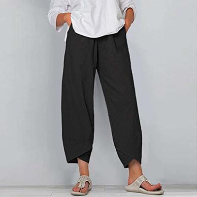 Cotton Linen Capri Pants for Women Summer High Waist Wide Leg