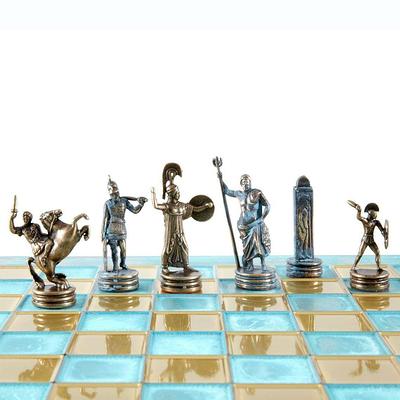 Large Poseidon Theme Chess Set Brass & Nickel Pieces with Blue