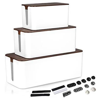 Cable Management Box, 3 Pack - White Cord Organizer with Dark Wood