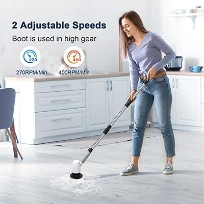 Cordless Electric Spin Scrubber,Cleaning Brush Scrubber for Home,  400RPM/Mins-8 Replaceable Brush Heads-90Mins Work Time,3 Adjustable Size,2  Adjustable Speeds for Bathroom Shower Bathtub Glass Car