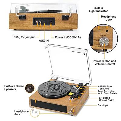 Record Player, FYDEE Bluetooth Turntable with 2 Built-in Stereo Speakers,  3-Speed 33/45/78 RPM LP Vinyl Player, Vintage Vinyl Turntable Player
