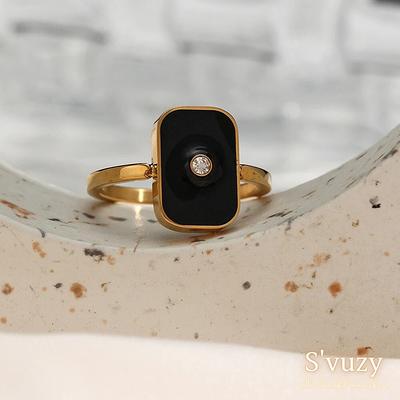 Female Stainless Steel Ring Black Stone