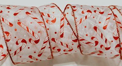 2.5 Red White Glitter Thick Stripe Satin Wired Ribbon on a 10 Yard Roll