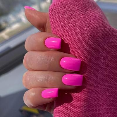 Amazon.com: French Tip Press on Nails Medium Square Fake Nails Hot Pink  False Nails with Romance Heart Gold Glitter Tips Design Gradient Triple  Line Glossy Acrylic Glue on Nails for Women DIY