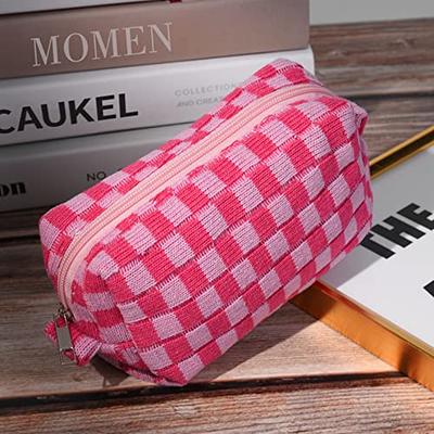 Checkered Makeup Bag, Brown 2Pcs Cosmetic Travel Bags, Portable