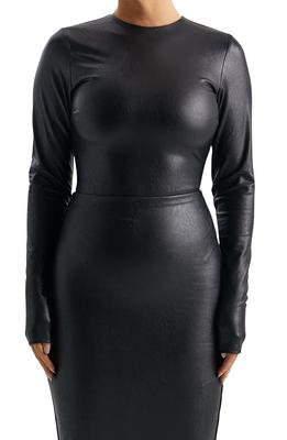 Naked Wardrobe Long Sleeve Faux Leather Bodysuit in Black at