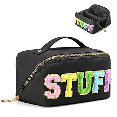 Chenille Letter Clear Makeup Bags Stuff Pouch, Preppy Patch Makeup Bag  Zipper with Handle, Transparent PVC & Nylon Waterproof Glitter Cosmetic  Handbag Travel Toiletry Storage for Women (STUFF-Black)