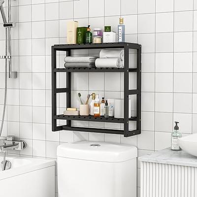 Galood Bathroom Storage Shelves Organizer Adjustable 3 Tiers, Over The Toilet Storage Floating Shelves for Wall Mounted with Hanging Rod (Bamboo)