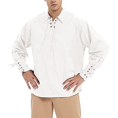 Men's Linen Long Sleeve Shirt Lace up V-Neck Viking Medieval Pirate Top