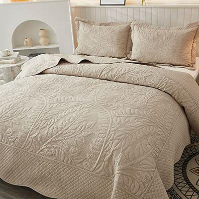 MarCielo 3-Piece 100% Cotton Oversized Bedspread Set Coverlet Set Lightweight Quilt Set Embroidery Farmhouse Bedding Set (Natural Beige-Khaki, Queen