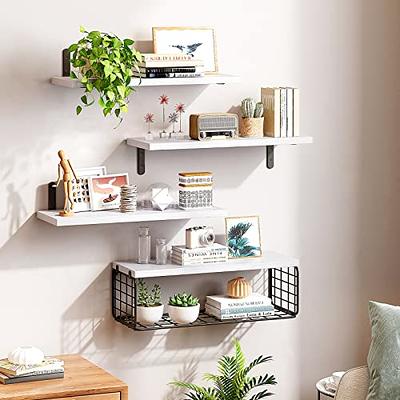 Fixwal 4+1 Tier Floating Shelves, Rustic Wood Wall Shelf, Bathroom Shelves  Over Toilet with Wire Storage Basket, Farmhouse Wall Decor for Bedroom