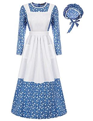 Girls Pioneer Costume Blue Long Sleeve Floral Dress with Apron Hat 