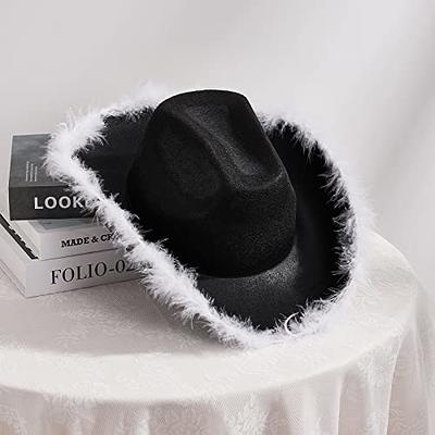 Burictin Cowboy Hat for Women Men Fluffy Fur Trim Felt Cowgirl Hat Adults  Extra Large Feather Hat Western Party Accessories