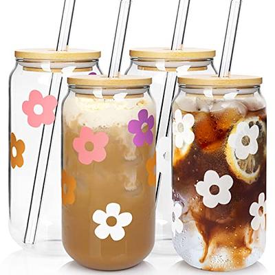 VITEVER 20 OZ Glass Cups with Bamboo Lids and Glass Straw -  Beer Can Shaped Drinking Glasses Set, Iced Coffee Glasses, Cute Tumbler Cup,  Aesthetic Coffee Bar Accessories, Gift 