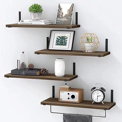 MyGift Wall Mounted Dark Brown Wood 2-Tier Floating Shelves with 2 Key Hooks, Storage Rack for Bathroom, Kitchen, Bedroom, Living Room