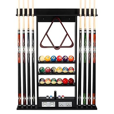 Wall Mounted Dark Brown Wood Pool Cue Stick Holder Rack for 6 Cues with  Billiard Ball Storage Shelf, 3-Piece Set