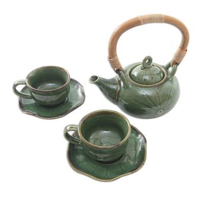 Green Ceramic and Bamboo Tea Set for Two (5 Pcs) - Honeymoon Tavern