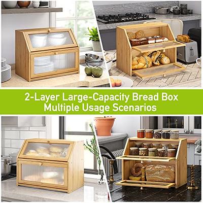 Large Bread Box for Kitchen Counter Double Layer Bamboo Wooden Extra Large Capacity Bread Storage Bin Kitchen Food Storage Container Farmhouse Style W