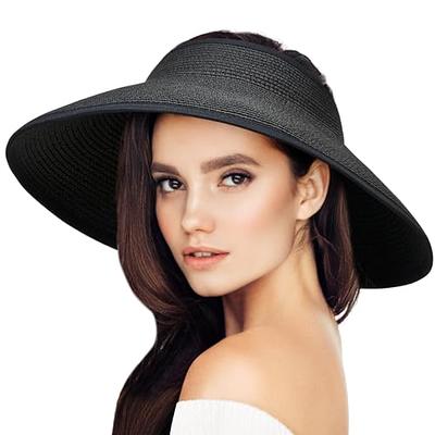 Sun Cube Women Sun Visor Hat, Straw Beach Hat Wide Brim UV Protection, Foldable Packable Cap, Roll Up Ponytail Summer Visor