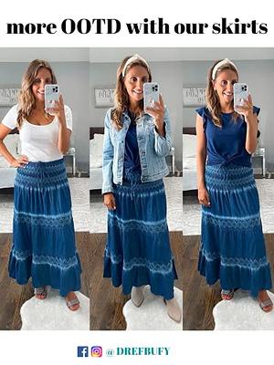 DREFBUFY Maxi Skirt Womens High Waist Pleated Tiered Long Skirts, Denim  Look with Elastic Waistband, Casual Style Midi Dress for Women, Multi  Wearing Styles (Blue16, Medium) - Yahoo Shopping