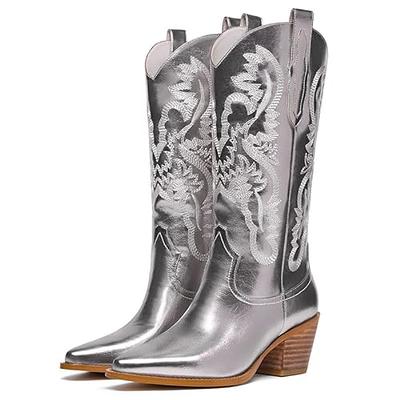 citsanos Women's Metallic Cowboy Boots Silver Cowgirl Boots with Shiny  Embroiderdy Pointed Toe Stacked Chunky Heel Pull On Tabs Sparkly Wide Mid  Calf Western Boots for Party Wedding Concert Silver,10 - Yahoo
