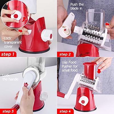 Tevokon Manual Rotary Cheese Grater Round Mandoline 3 Drum Blades Vegetable  Slicer with Non-slip Base Cheese Shredder Walnuts Grinder with Cleaning  Brush Vegetarian Peeler Red - Yahoo Shopping