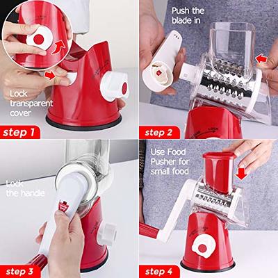 Tevokon Rotary Cheese Grater Shredder 3 Multi Blade Manual Vegetable Slicer with Non-Slip Suction Base Nuts Grinder Cheese Shredder with Brush Peeler