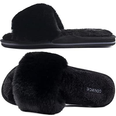 COFACE Womens Fuzzy Slides Fluffy Fax Fur Cross Slippers Open Toe