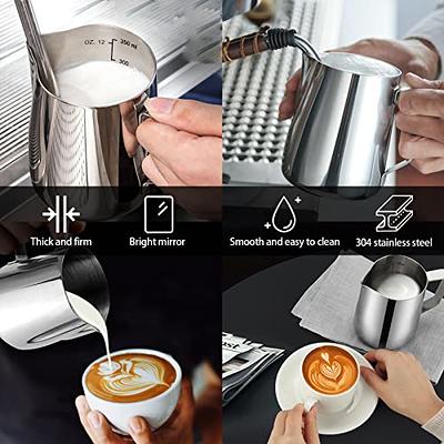 Milk Frothing Pitchers 12oz, Stainless Steel Espresso Steaming pitchers  with Decorating Pen Coffee Milk Frother Cup with Scale Cappuccino Latte Art