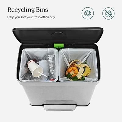 SONGMICS Kitchen, 16 Gallon (2 x 8 Gallon) Dual Compartment Garbage Can,  60L Pedal Recycling Bin, Stay-Open Lid and Soft Closure, Stainless Steel,  15 Trash Bags Included, White ULTB202W01