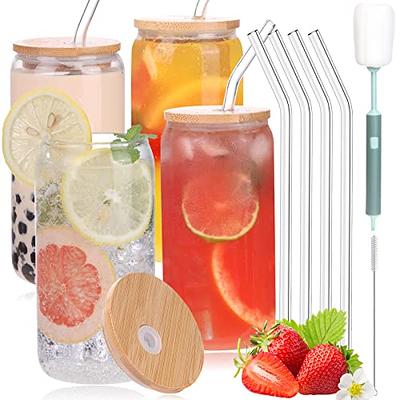 Glass Cups with Bamboo Lids and Straws 4pcs Set,16oz Wide Mouth